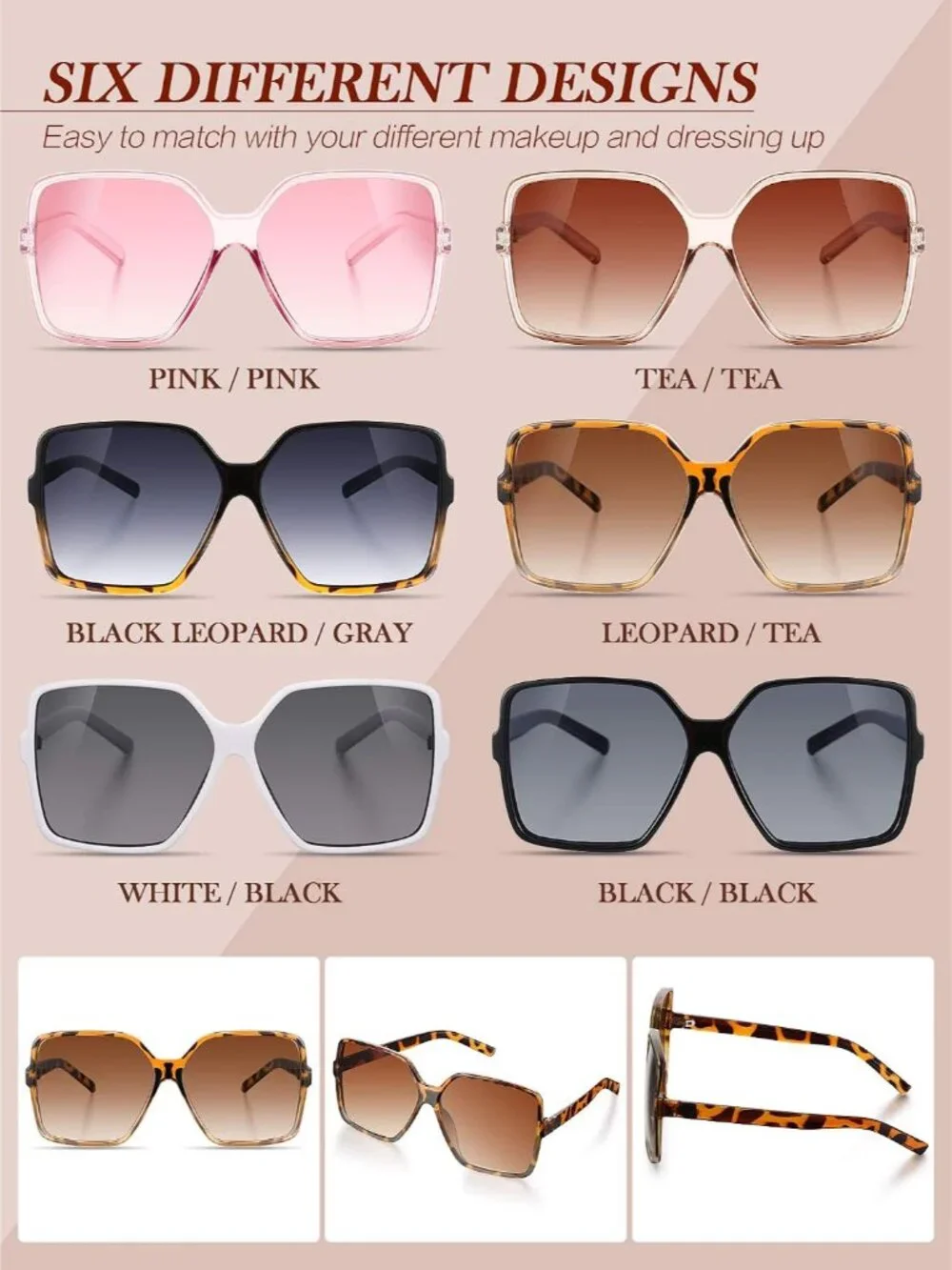 Fashion-Forward 6 Pairs Oversized Square Sunglasses - Perfect for Every Occasion